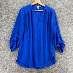 Tacera Blouse Women XL Blue V-Neck 3/4 Sleeve Pullover Casual Solid Comfort